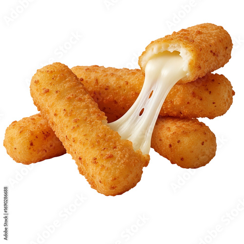 Photo of golden brown crispy mozzarella cheese sticks, one broken open to reveal the melted gooey cheese inside, isolated on transparent background