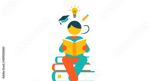 Tableau sur toile Student Reading Book with Graduation Cap, Lightbulb, and Pencil Icons Above Head