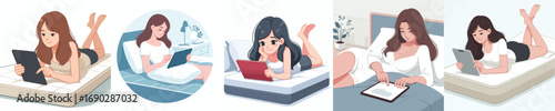 vector of a woman lying down relaxing facing a tablet screen