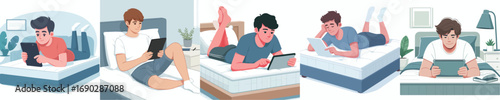 vector of a man lying down relaxing facing a tablet screen