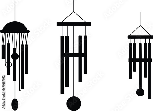 Wind chime silhouette set, hanging decoration vector icons, outdoor ornament illustration, garden decor design, musical chime graphic, isolated EPS, cad drawing flat vector illustration