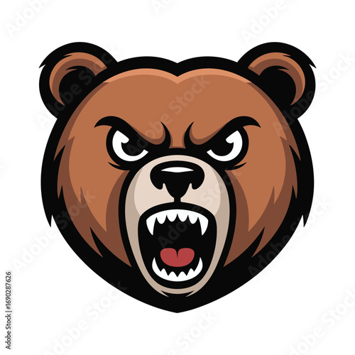 Fierce grizzly bear head mascot with roaring mouth and intense eyes