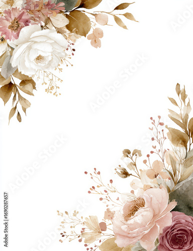 Fototapeta Naklejka Na Ścianę i Meble -  Elegant floral border with soft cream and pink flowers, featuring delicate leaves and branches on white background. watercolor style adds gentle, artistic touch