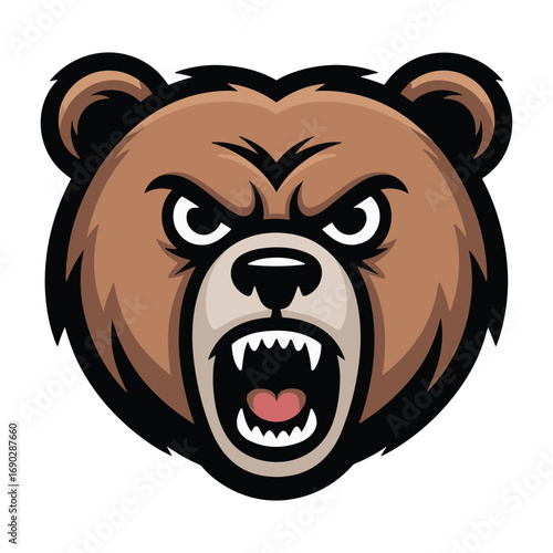 Fierce grizzly bear head roaring with aggressive expression and sharp teeth