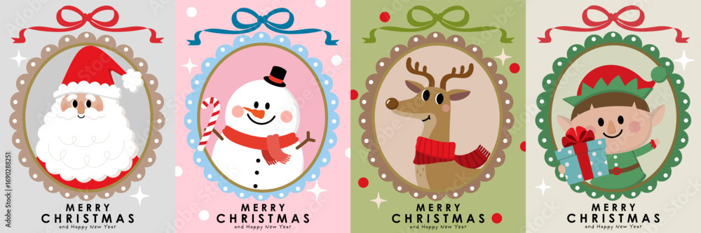 Fototapeta premium Merry Christmas and happy new year 2026 with Santa Claus, snowman, elf and deer. Holiday cartoon character in winter season. -Vector