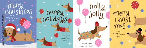 Merry Christmas and happy new year with cute dachshund puppy in winter costumes with red balloons. Animal and dog holidays cartoon characters. -Vector