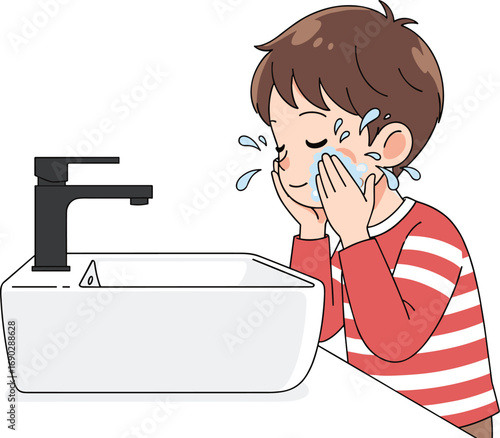 Cartoon person, washing face, hygiene routine, water splash, bathroom sink, personal care, clean skin, daily habit, health illustration