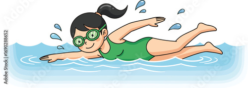 Cartoon swimmer, freestyle stroke, swimming goggles, water splash, athletic child, aquatic motion, pool activity, sports illustration, dynamic character, summer fun