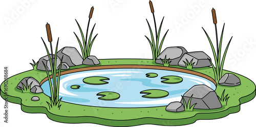 Cartoon pond, lily pads, cattail plants, natural habitat, water reflection, ecosystem scene, outdoor nature, green landscape, biology illustration, calm setting