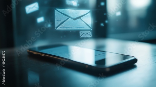 Digital email envelopes floating from a mobile phone screen on a wooden table. Business communication concept.