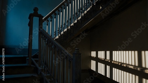 Mysterious Shadows Dance on Old Wooden Staircase A Dark and Atmospheric Interior