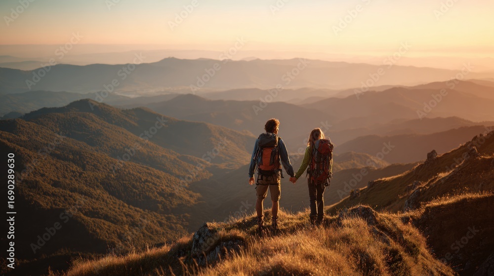 Obraz premium Couple's Mountain Top Vista: A couple stands hand-in-hand on a mountain peak, silhouetted against a breathtaking panorama of rolling hills and valleys, illuminated by the warm glow of the setting sun.