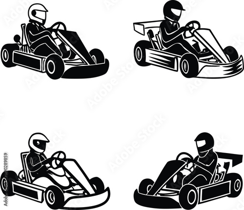 Four black and white illustrations of go karts and drivers