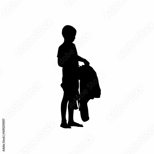 Silhouette of a boy sewing clothes to support family isolated on white background