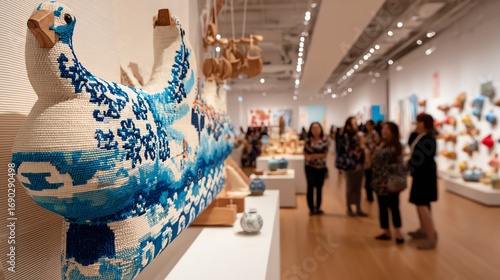 An art installation resembling a whale, crafted from textured blue and white materials, draws the attention of museum visitors in a brightly lit gallery space.