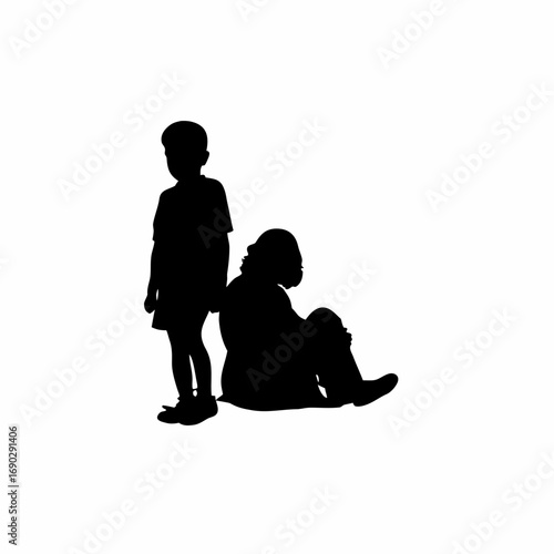 Silhouette of a boy sitting beside his sick mother looking hopeless isolated on white background