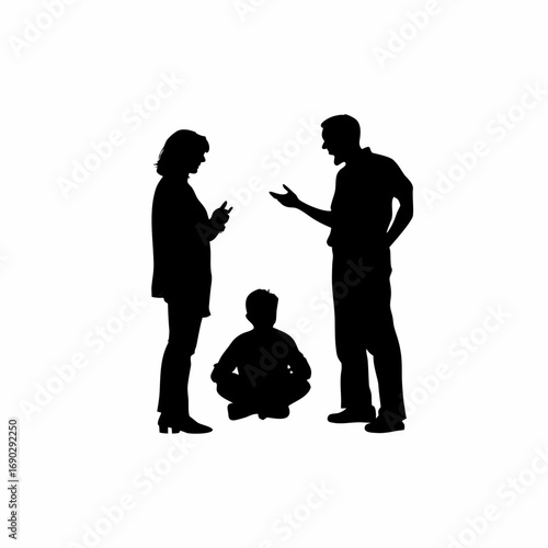 Silhouette of a boy between arguing parents over money isolated on white background