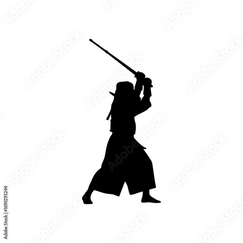 Monocolor vector silhouette of a kendo fighter sword raised, clean design