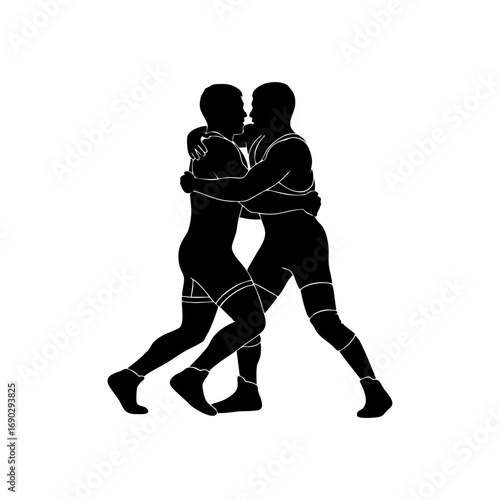 Monocolor vector silhouette of two wrestlers grappling, minimal style