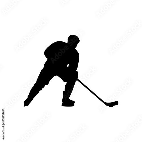 Monocolor vector silhouette of a hockey player shooting puck, minimal vector
