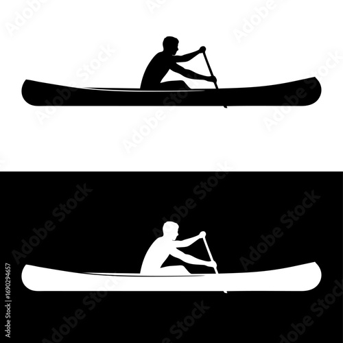 Monocolor vector silhouette of a rower paddling canoe, simple vector