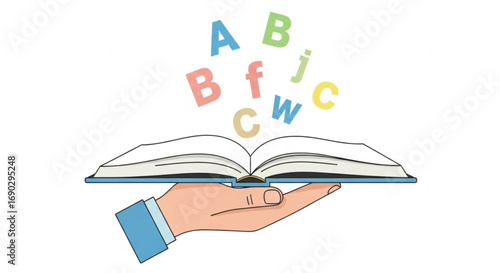 Open book with flying colorful alphabet letters