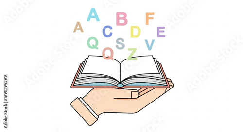 Open book in hand with flying colorful letters alphabet