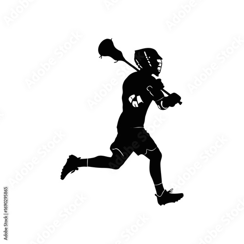 Monocolor vector silhouette of a lacrosse player running with stick, minimal vector