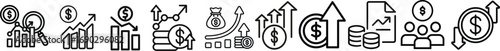 Financial profit set of web icons in line style. Money income linear icon collection. Containing money savings, finance, growth, investment, payment, earnings, management and more. Editable stroke,