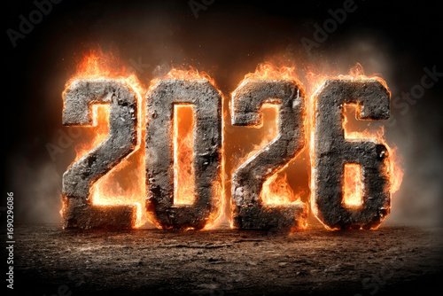 2026 stone numbers engulfed in dramatic fire, powerful burning text on dark smoky background for New Year, celebration, and bold event design themes