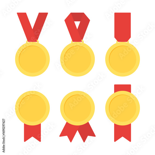 Gold Medal with Red Ribbon Flat Design  Illustration for Sports Achievement and Award