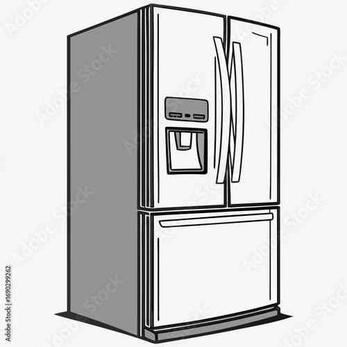 Illustration of a modern refrigerator with a water and ice dispenser the appliance is depicted in a minimalist style, perfect for use in various design projects
