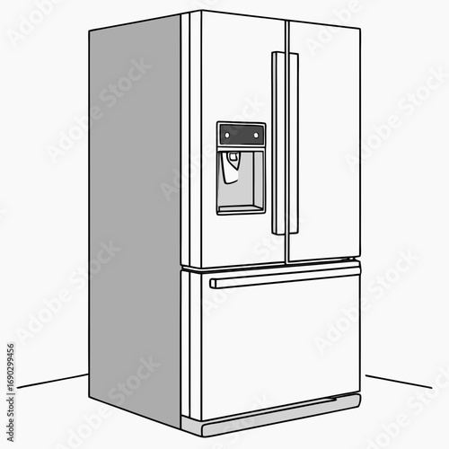 Illustration of a modern refrigerator the refrigerator is a sidebyside model with a water and ice dispenser, and a freezer drawer