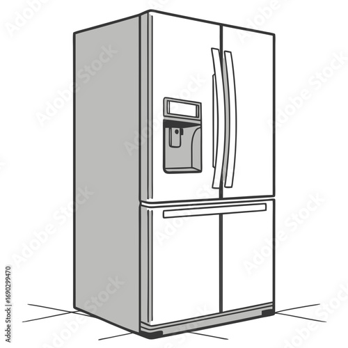Illustration of a modern refrigerator the refrigerator is a sidebyside model with a water and ice dispenser, and a freezer drawer