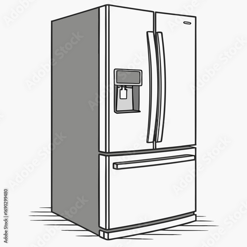 Vector art of sidebyside refrigerator with water and ice dispenser is a modern appliance for storing food and keeping it fresh, featuring a sleek design and convenient features