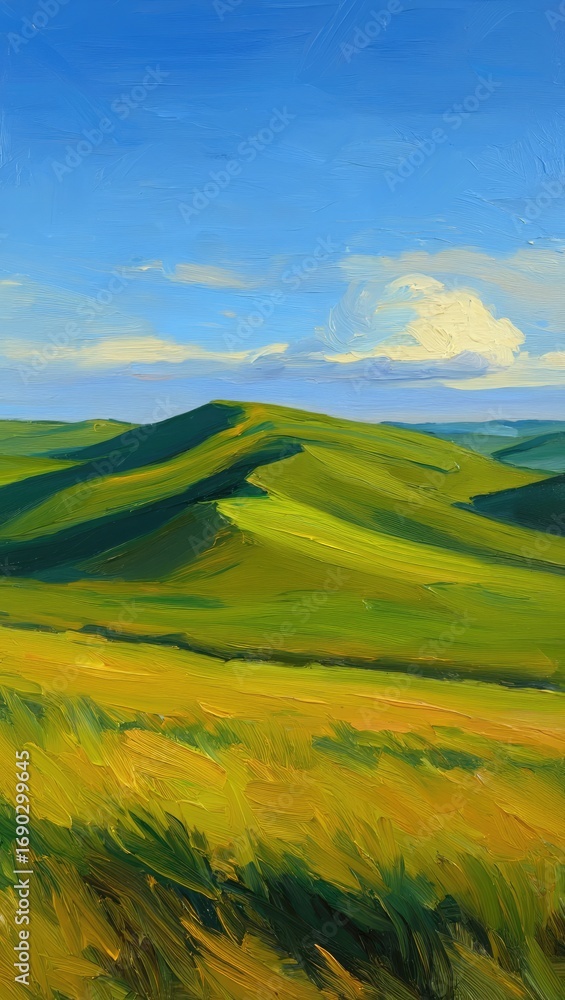 Obraz premium Impressionistic Oil Painting of Rolling Green Hills Under a Blue Sky