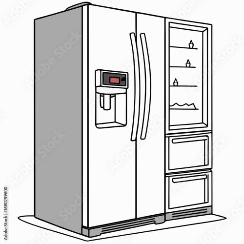 Illustration of a modern refrigerator with a water dispenser and freezer drawers, a sleek and functional appliance for any kitchen, in a simple line art style