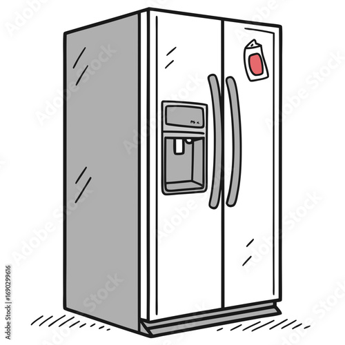 Illustration of a modern refrigerator with a water dispenser and a magnet on the door the fridge is white and gray, and it has a simple design