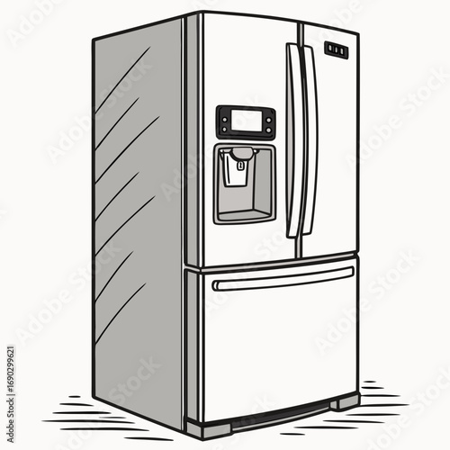 Illustration of a modern refrigerator with a water dispenser and a freezer drawer the fridge is white and gray, and it has a simple design