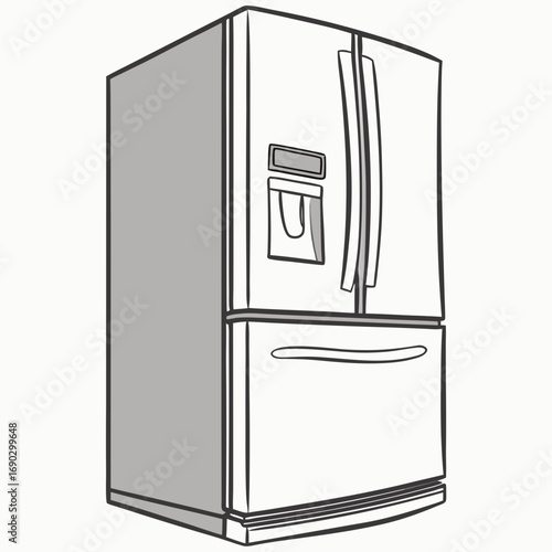 Vector art of a modern french door refrigerator, showcasing its sleek design and functionality, ideal for illustrating kitchen appliances and interior design