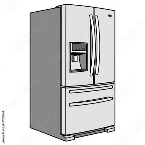 Illustration of a modern stainless steel refrigerator, featuring a double door design and a builtin ice and water dispenser, perfect for kitchen appliance visuals