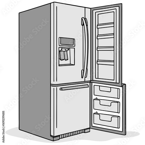 Illustration of a modern refrigerator with the freezer door open, revealing its interior shelves and drawers, a sleek and functional appliance
