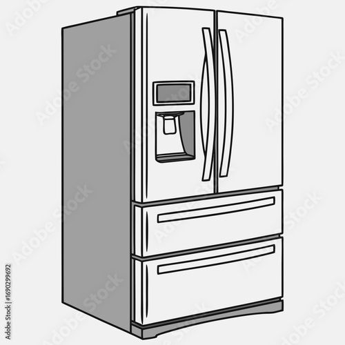 Vector art of detailed illustration of a modern refrigerator, featuring a doubledoor design and builtin water dispenser, perfect for kitchen and home appliance visuals
