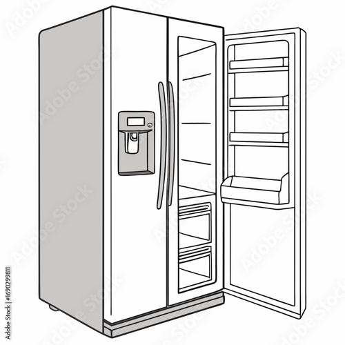 Illustration of a modern sidebyside refrigerator with water and ice dispenser and open door, showcasing the interior and storage capacity