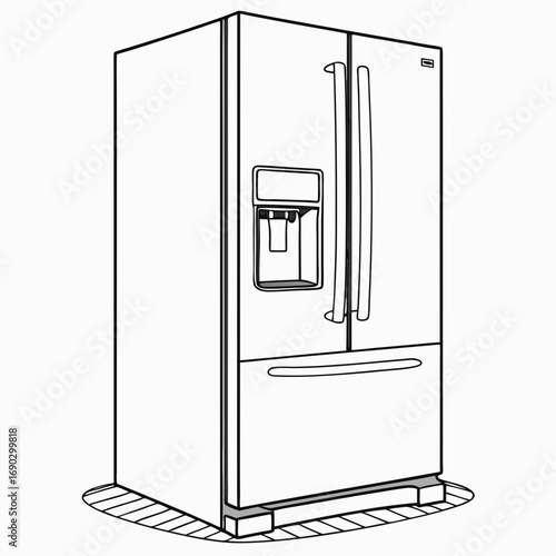 Vector art of sleek refrigerator illustration, showcasing a modern appliance with a doubledoor design, water dispenser, and freezer drawer, perfect for culinary and kitchenthemed projects