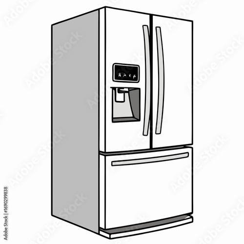 Illustration of a modern french door refrigerator with water and ice dispenser, highlighting its sleek design and convenient features
