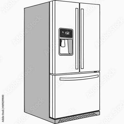 Vector art of outline drawing of a modern refrigerator with a water and ice dispenser the refrigerator has a french door design with a bottom freezer drawer