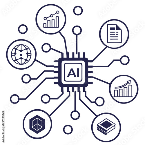Vector art of artificial intelligence concept showing a central processing unit with ai lettering connected to various icons representing data analysis, global network, document, and statistics