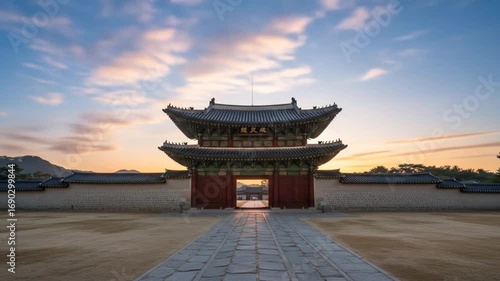 Ancient asian gateway at sunrise