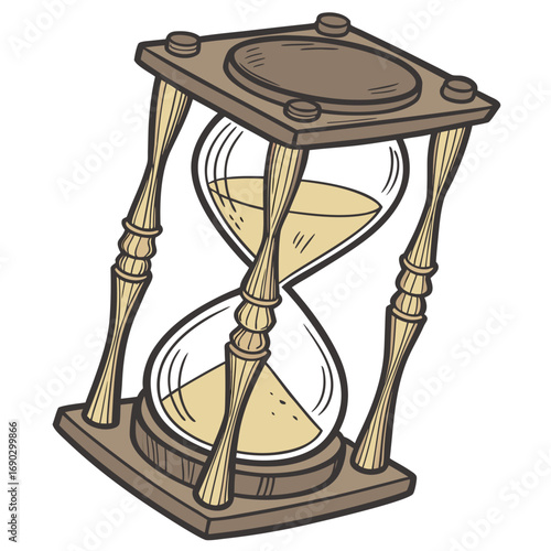Vector art of antique hourglass with sand running through it, a vintage time measuring device, a reminder of the past, present, and future, a symbol of transience and mortality